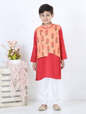 Printed Attached Jacket Cotton Kurta Pajama - Peach 1
