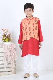 Printed Attached Jacket Cotton Kurta Pajama - Peach