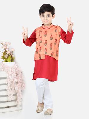 Printed Attached Jacket Cotton Kurta Pajama - Peach 5