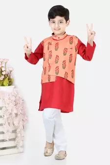 Printed Attached Jacket Cotton Kurta Pajama - Peach