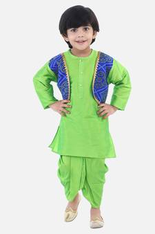 Attached Jacket Bandhani Dhoti Kurta- Green