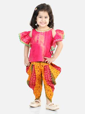 Ruffle Sleeve Top with Printed Dhoti - Pink 1