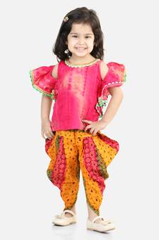 Ruffle Sleeve Top with Printed Dhoti - Pink