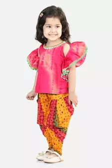 Ruffle Sleeve Top with Printed Dhoti - Pink