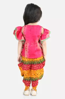Ruffle Sleeve Top with Printed Dhoti - Pink