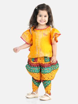 Ruffle Sleeve Top with Printed Dhoti - Yellow 1