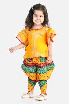 Ruffle Sleeve Top with Printed Dhoti - Yellow