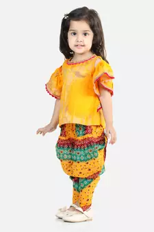 Ruffle Sleeve Top with Printed Dhoti - Yellow