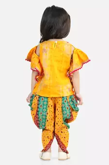 Ruffle Sleeve Top with Printed Dhoti - Yellow