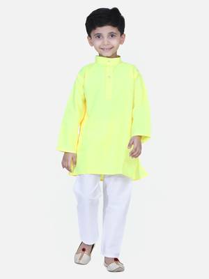Full Sleeve Stand Collar Kurta Pajama- Yellow 1