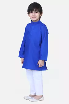 Stand Collar Cotton Kurta pajama-Blue