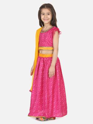 Bandhani Net pleated Sleeves Lehenga- Pink 2