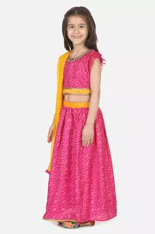 Bandhani Net pleated Sleeves Lehenga- Pink