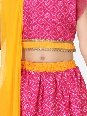 Bandhani Net pleated Sleeves Lehenga- Pink 4