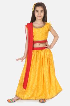 Bandhani Net pleated Sleeves Lehenga- Yellow