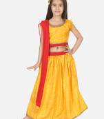 Bandhani Net pleated Sleeves Lehenga- Yellow