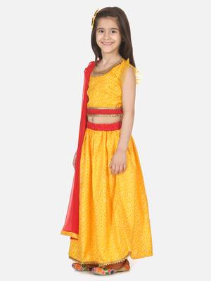 Bandhani Net pleated Sleeves Lehenga- Yellow 2
