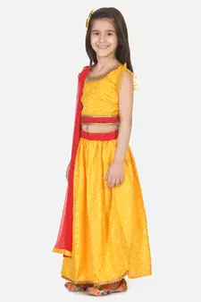 Bandhani Net pleated Sleeves Lehenga- Yellow