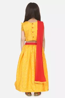 Bandhani Net pleated Sleeves Lehenga- Yellow