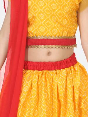 Bandhani Net pleated Sleeves Lehenga- Yellow 4