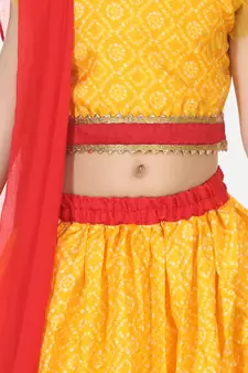 Bandhani Net pleated Sleeves Lehenga- Yellow
