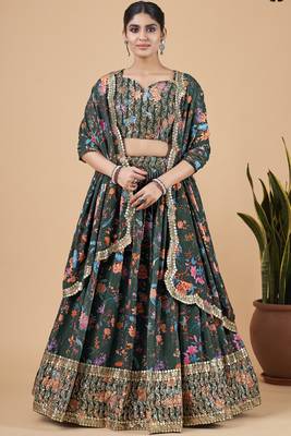 Green floral print
 georgette semi stitched lehenga 1