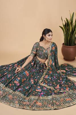 Green floral print
 georgette semi stitched lehenga 3