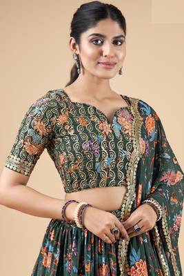 Green floral print
 georgette semi stitched lehenga 5