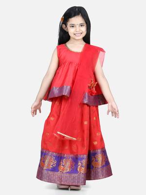 Jacquard Lehenga with Flared Choli with Dupatta- Red 1