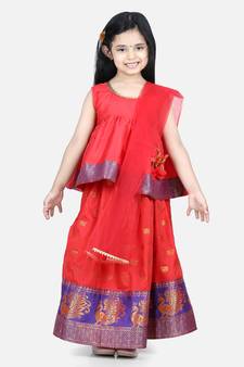 Jacquard Lehenga with Flared Choli with Dupatta- Red