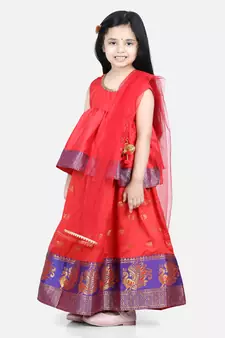 Jacquard Lehenga with Flared Choli with Dupatta- Red