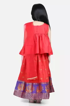 Jacquard Lehenga with Flared Choli with Dupatta- Red