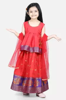 Jacquard Lehenga with Flared Choli with Dupatta- Red