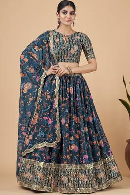Blue embroidered georgette semi stitched lehenga 1
