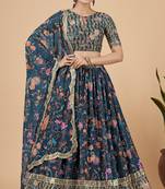 Blue embroidered georgette semi stitched lehenga