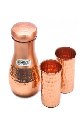 Coconut Copper Hammered Jug Pitcher with Lid Capacity 1000 ML with 2 Pure Copper Hammered Glass 1