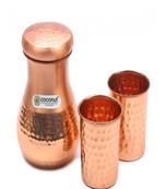 Coconut Copper Hammered Jug Pitcher with Lid Capacity 1000 ML with 2 Pure Copper Hammered Glass
