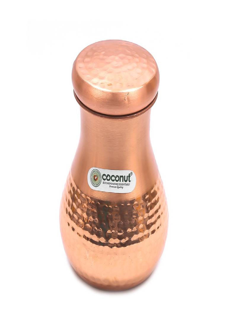 Coconut Copper Hammered Jug Pitcher with Lid Capacity 1000 ML with 2 Pure Copper Hammered Glass