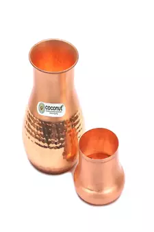 Coconut Copper Hammered Jug Pitcher with Lid Capacity 1000 ML with 2 Pure Copper Hammered Glass