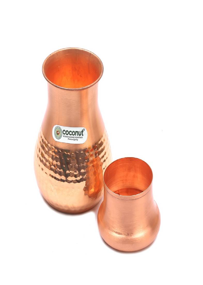 Coconut Copper Hammered Jug Pitcher with Lid Capacity 1000 ML with 2 Pure Copper Hammered Glass