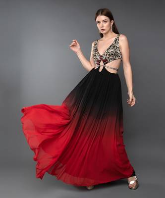 Black & Red Embroidered Body Cut Ombre Georgette Gown 1