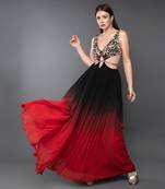 Black & Red Embroidered Body Cut Ombre Georgette Gown