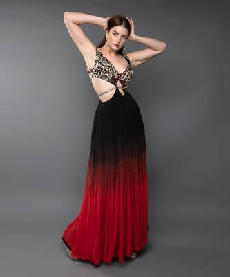 Black & Red Embroidered Body Cut Ombre Georgette Gown 2