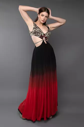 Black & Red Embroidered Body Cut Ombre Georgette Gown