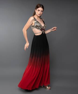 Black & Red Embroidered Body Cut Ombre Georgette Gown 3