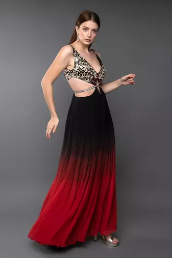 Black & Red Embroidered Body Cut Ombre Georgette Gown
