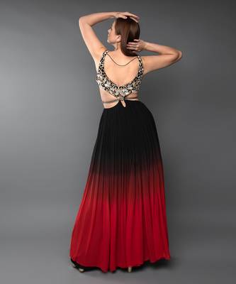 Black & Red Embroidered Body Cut Ombre Georgette Gown 4