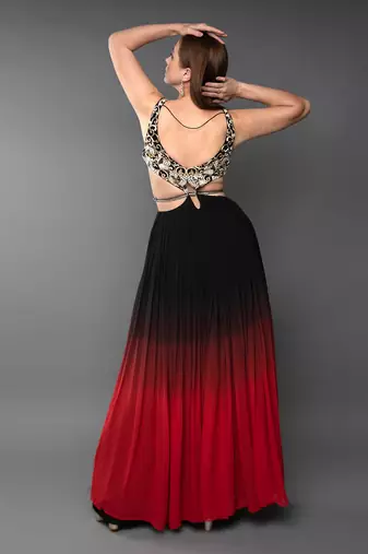 Black & Red Embroidered Body Cut Ombre Georgette Gown