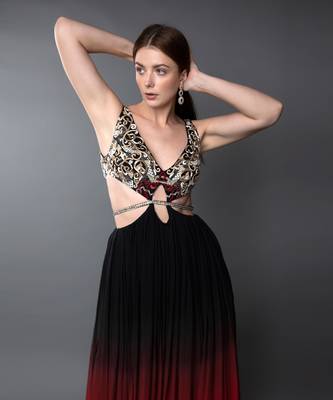 Black & Red Embroidered Body Cut Ombre Georgette Gown 5