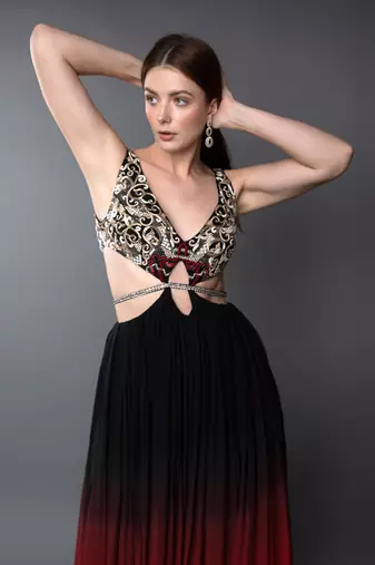 Black & Red Embroidered Body Cut Ombre Georgette Gown